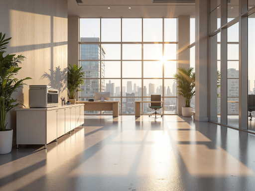 现代化办公空间，落地窗，城市景观背景，简洁办公桌椅，明亮自然光线