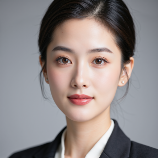 三十岁左右女性头像，穿深蓝色西装外套，黑色短发，专业商务表情，白色背景