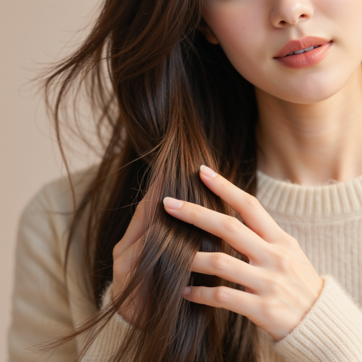 四十岁左右女性头像，穿米色针织衫，棕色长发，温和微笑表情，办公室背景